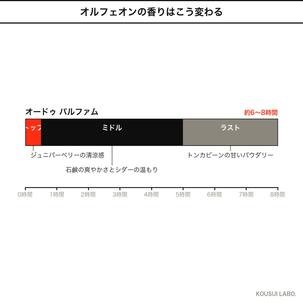 ディプティック オルフェオンの香りの時間変化タイムライン(清涼感からパウダリーへの推移)