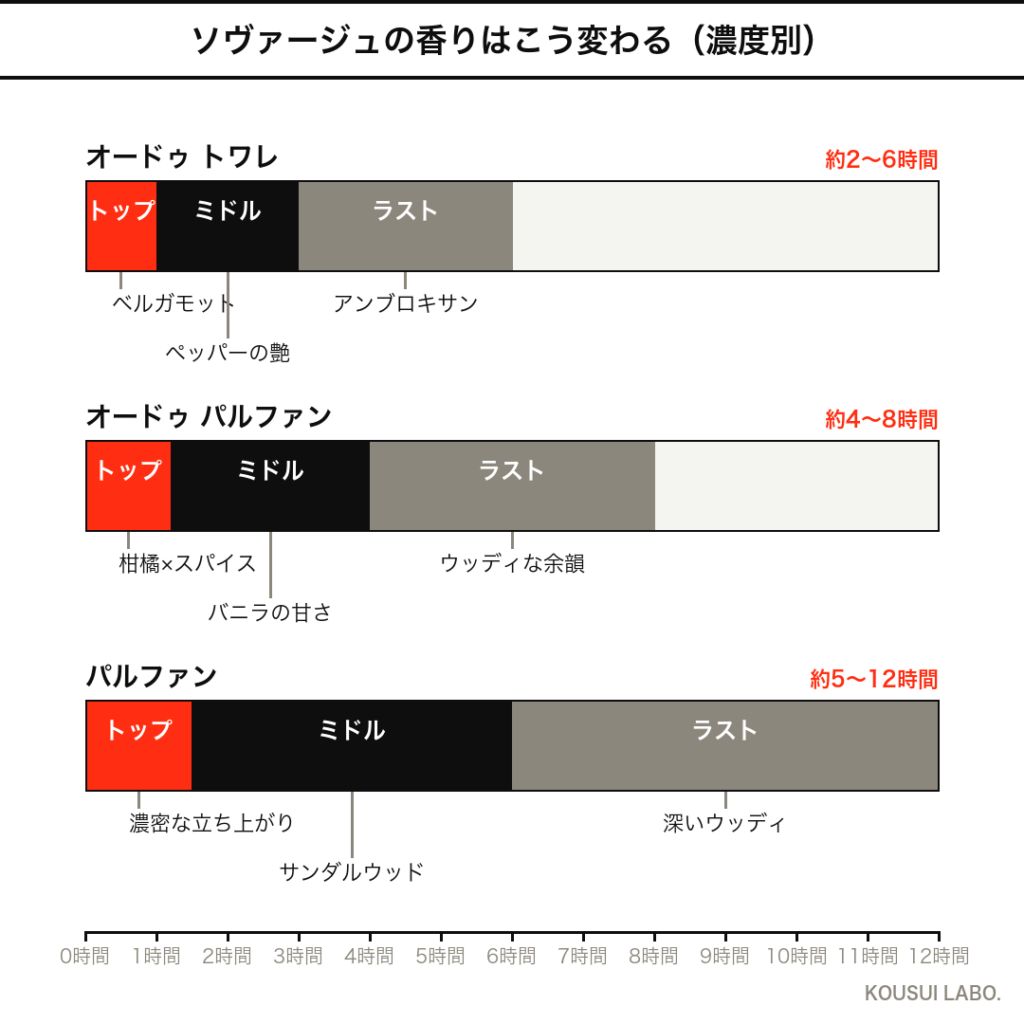 ソヴァージュの香りの時間変化タイムライン(EDT・EDP・パルファンの濃度別推移)