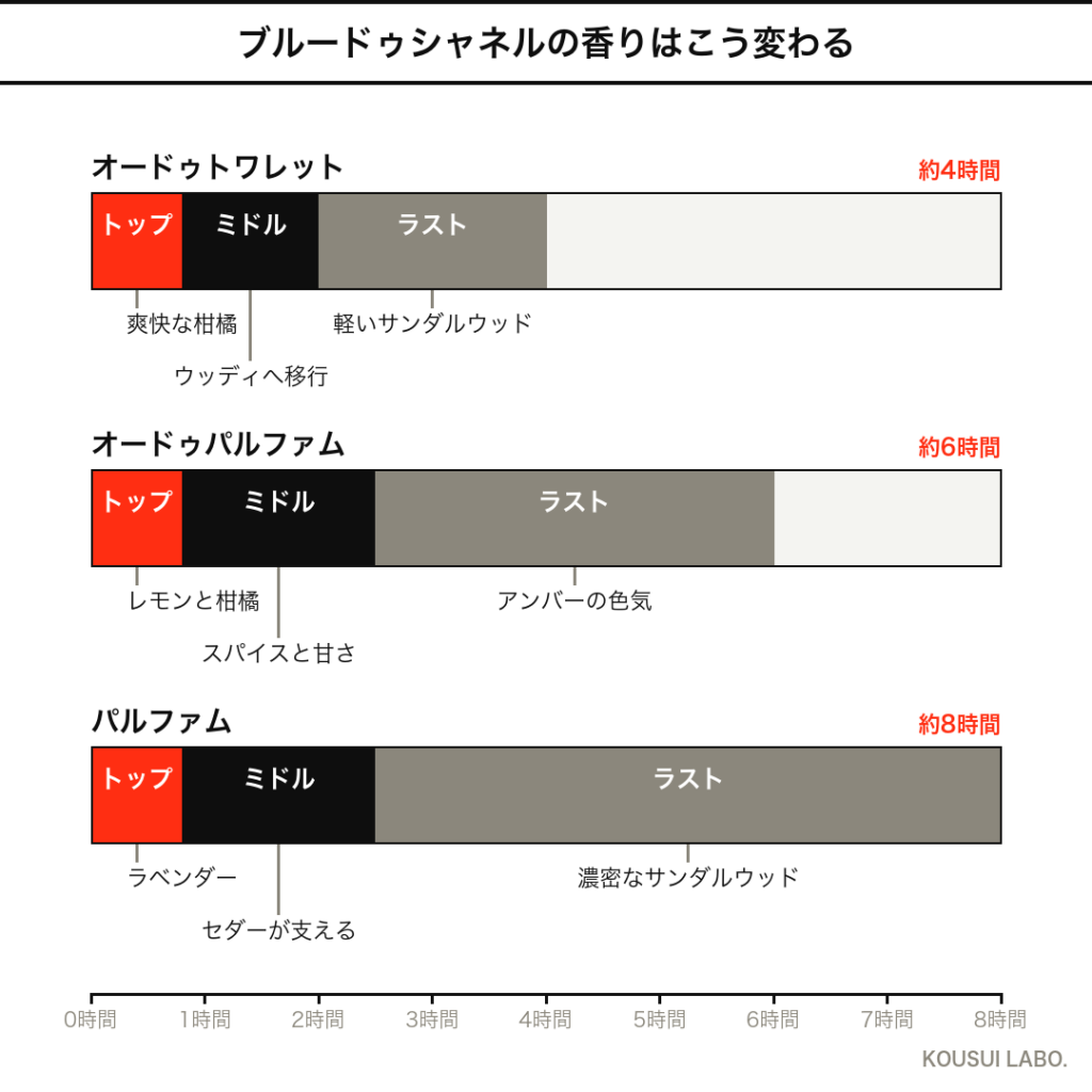 ブルードゥシャネルの香りの時間変化タイムライン（EDT・EDP・パルファムの3濃度比較）
